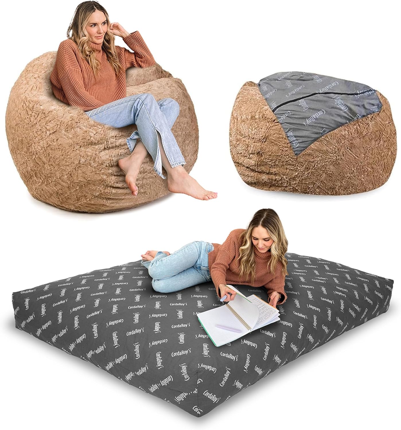 CordaRoy's Faux Fur Bean Bag-Convertible Bean Bag Chair -Machine-Washable Faux Fur Fabric Cover for Basement, Living Room, Game Room, Dorm & More - Full Size - Cow Pattern | Made in The USA
