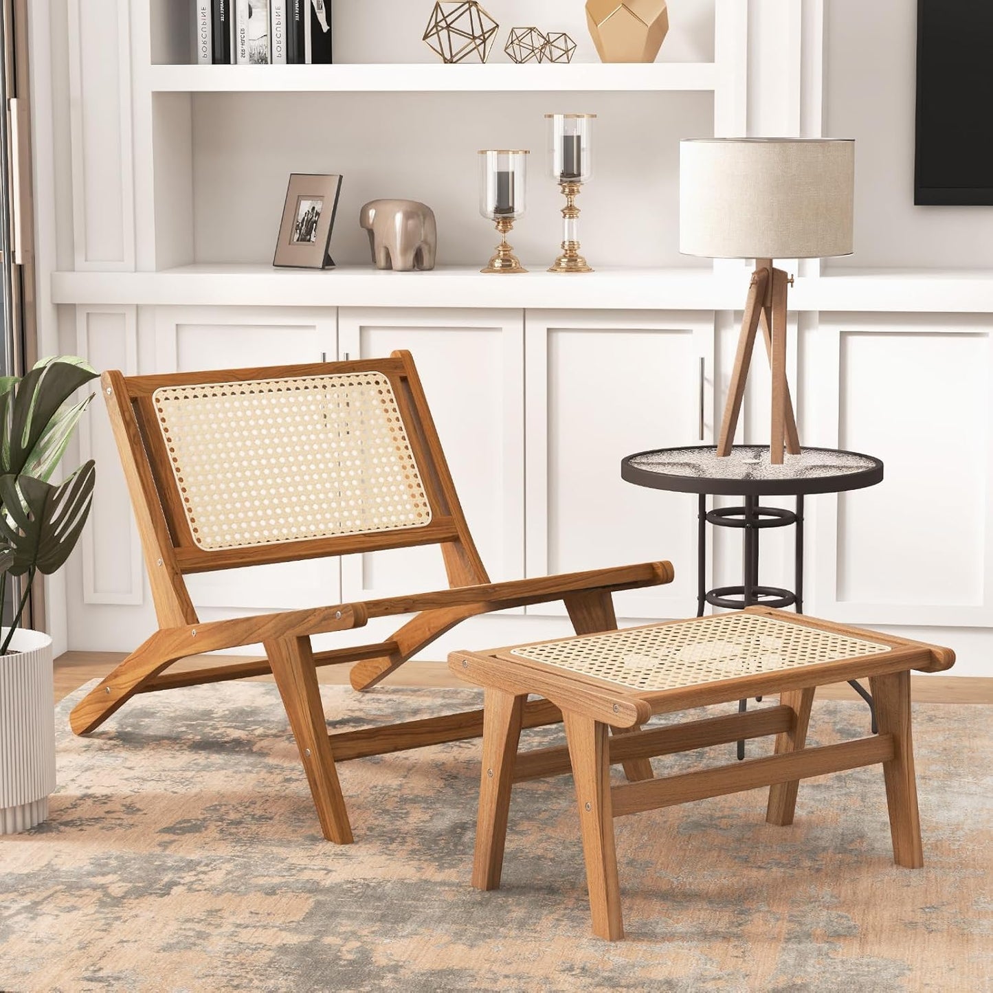 Tangkula Ottoman Footstool, Natural Teak Wooden Foot Rest with Handwoven Rattan for Living Room Bedroom Office, 14" H, Indoor (1)