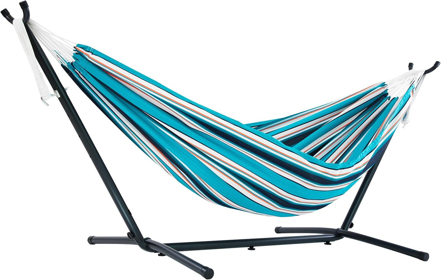 Vivere Double Cotton Hammock with Space Saving Steel Stand, Upgraded Polyester End Strings 450 lb Capacity - Premium Carry Bag Included - (Tropical)