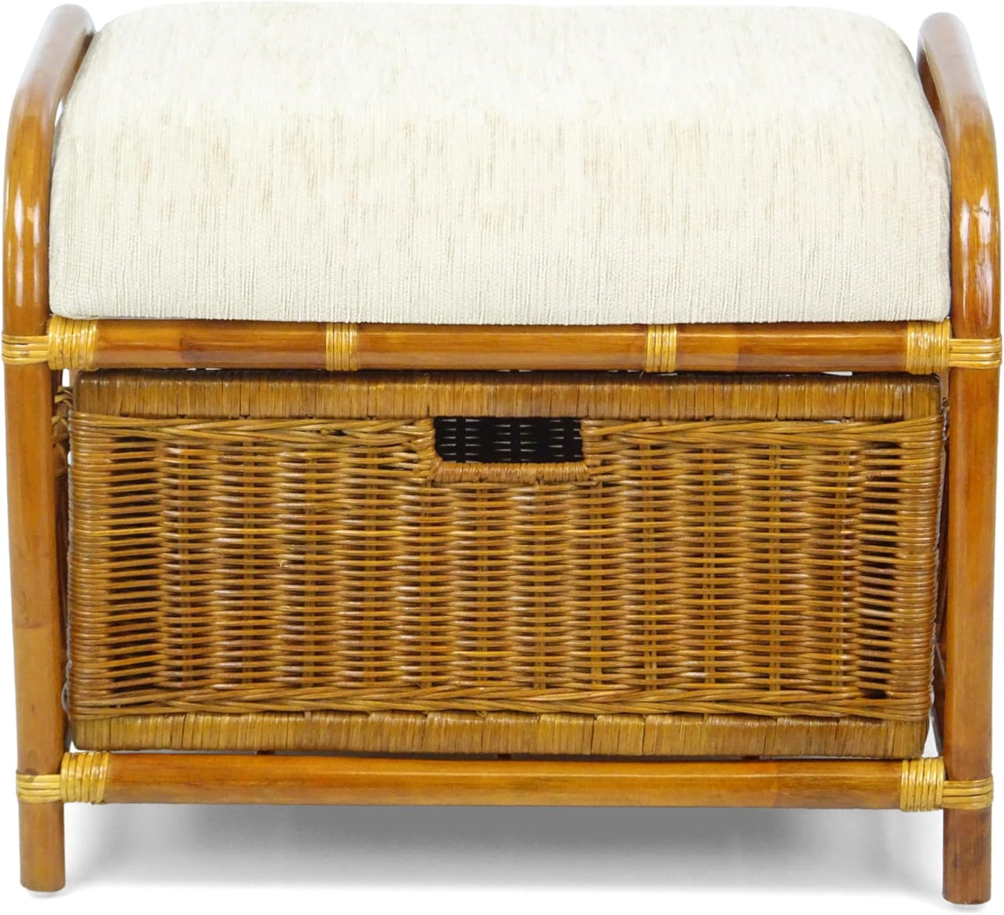 Krit Handmade Rattan Wicker Ottoman Colonial Color Footstool Pouf Stool w/Basket w/Cushion