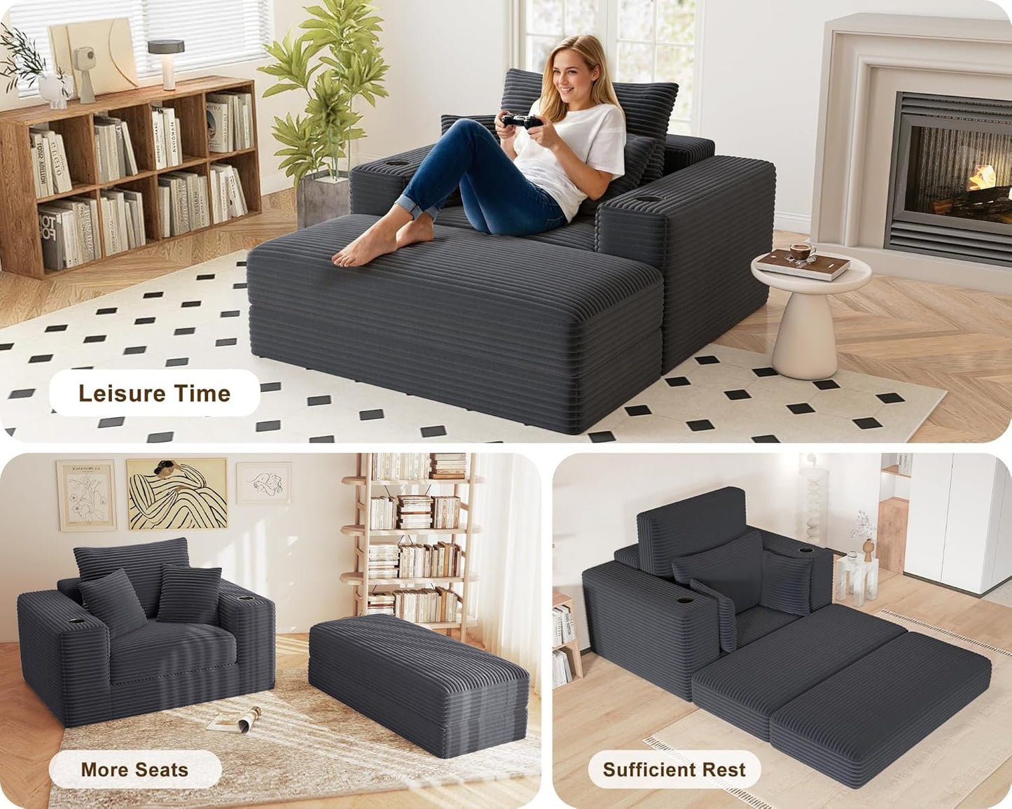 62" Oversized Chaise Lounge Chair Indoor, Corduroy Boneless Chaise Lounge Couch Sleeper Chair, Convertible Oversized Reading Chairs, Plush Compression Sofa with Ottoman, Dark Grey