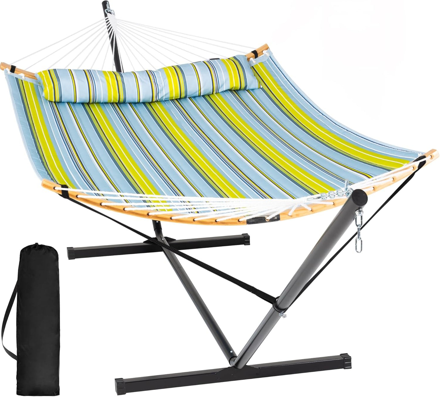 SUNCREAT Double Portable Hammock with Stand, 2 Person Hammock with Curved Spreader Bar, Balance Ropes Included, Dark Gray