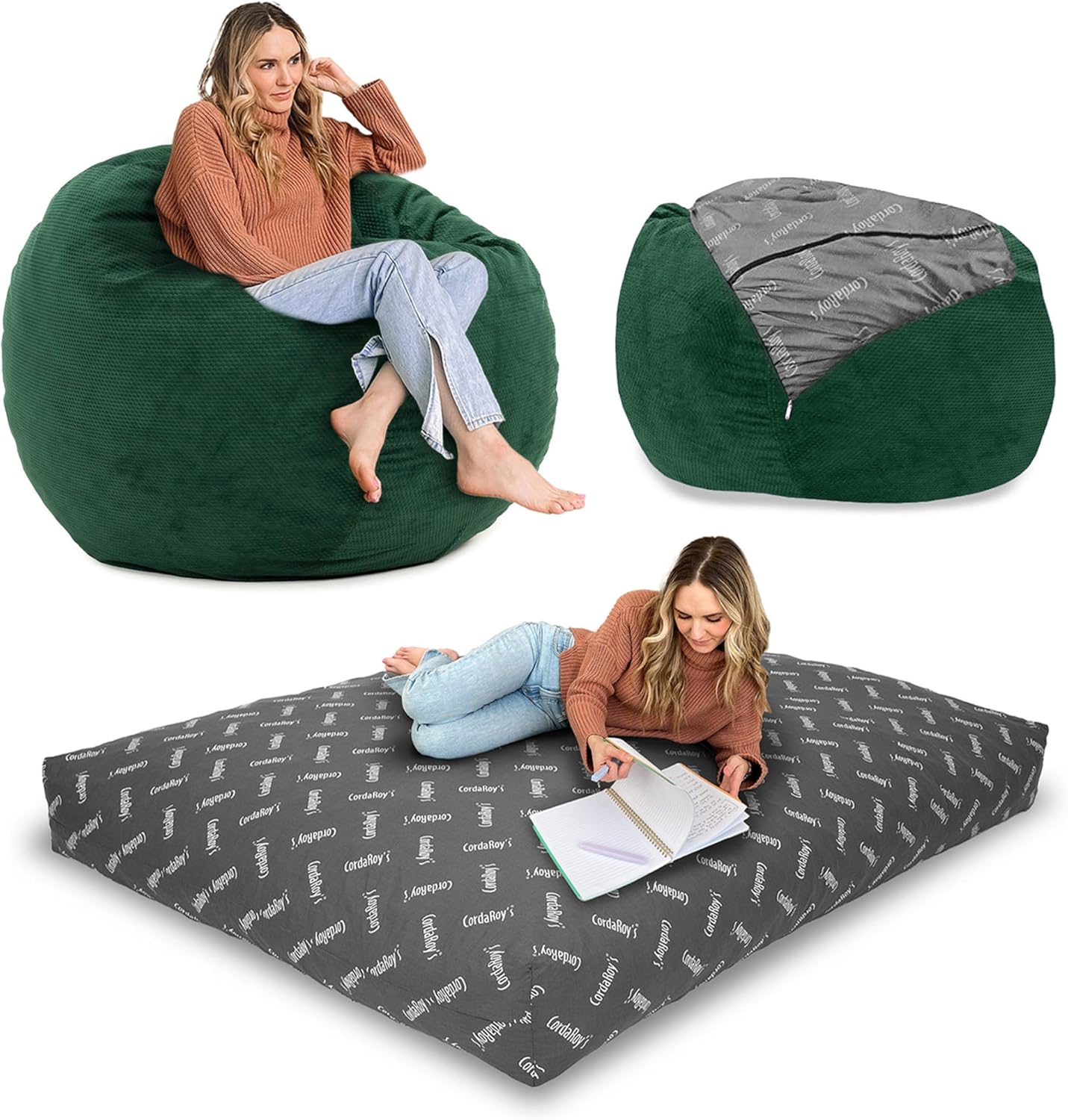 CordaRoy's Chenille Bean Bag-Convertible Bean Bag Chair-Machine-Washable Chenille Fabric Cover-for Basement,Living Room,Game Room,Dorm & More - Queen Size - Charcoal | Made in The USA