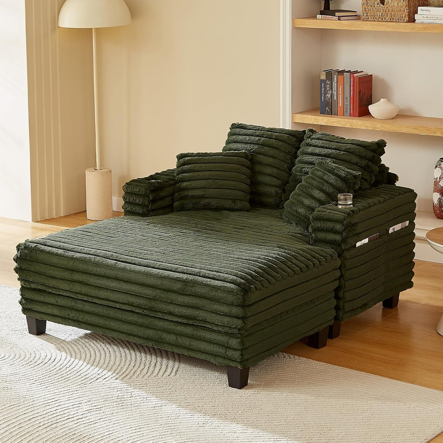 Chaise Lounge Chair Indoor, 64" Oversized Sleeper Chair with Wood Frame, Upholstered Sofa Bed for Living Room, Movie Room, Bedroom with 4 Storage Pockets&2 Cup Holders(Plush Corduroy, Grey)