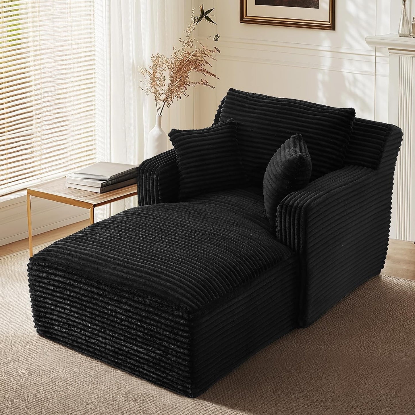 65.4" Chaise Lounge Chair Indoor, Oversized Boneless Couch Comfy Upholstered Sleeper Sofa Bed with 3 Pillows, Corduroy Cloud Reading Chair for Living Room No Assembly Required, Black