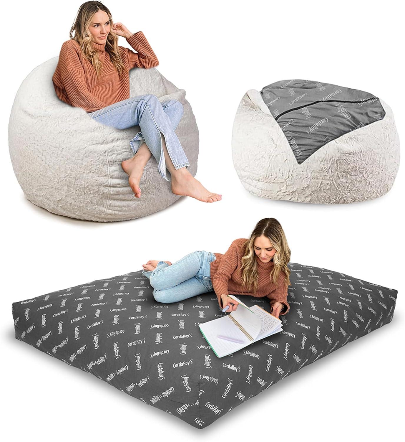 CordaRoy's Faux Fur Bean Bag-Convertible Bean Bag Chair -Machine-Washable Faux Fur Fabric Cover for Basement, Living Room, Game Room, Dorm & More - Full Size - Cow Pattern | Made in The USA