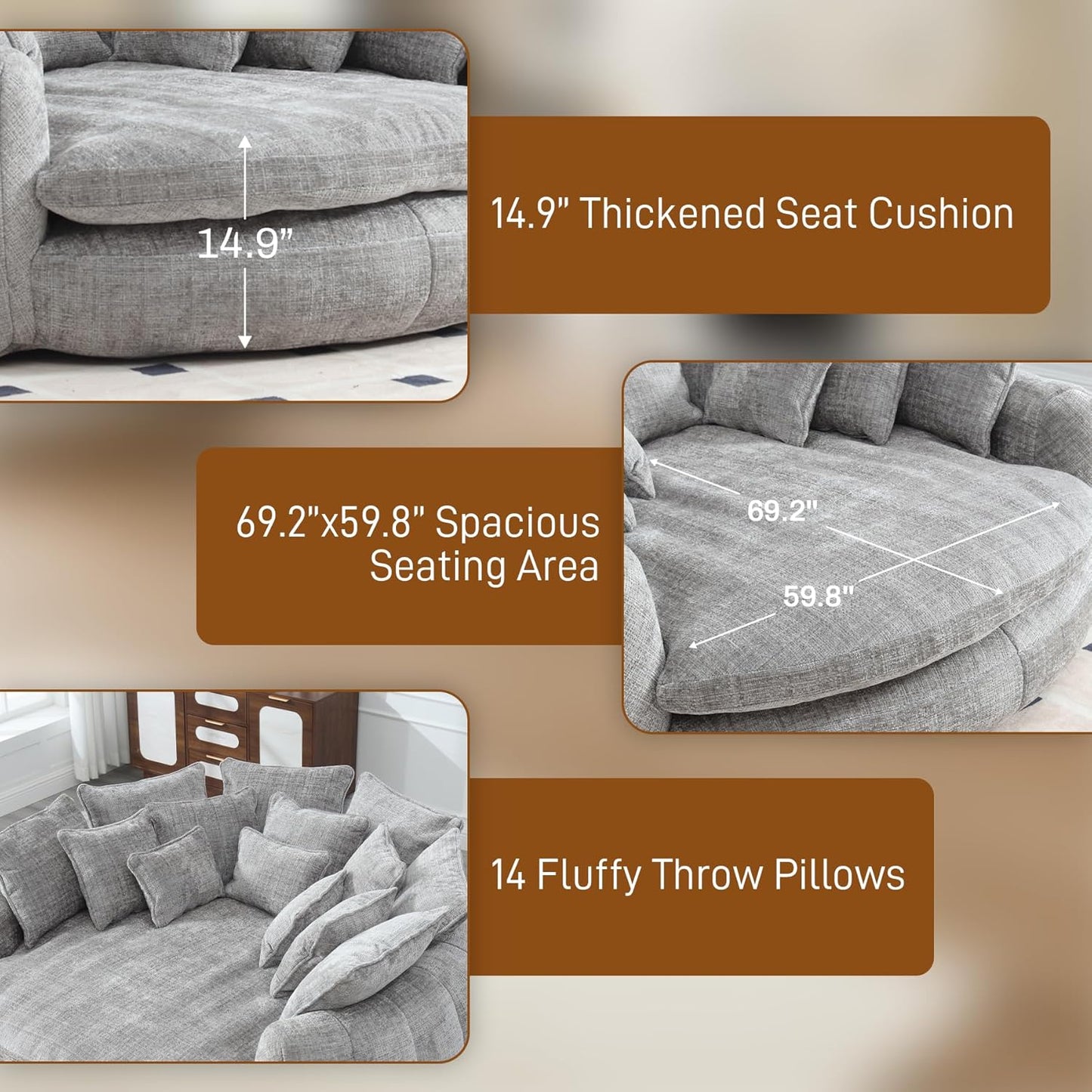 81” Oversized Upholstered Sofa Bed, Round Chaise Lounge Chair Indoor, Fluffy Plush Chaise Lounge, Modern Chenille Cloud Couch with Deep Seat, Comfy Bean Bag Chiar for Living Room Apartment, Light Grey