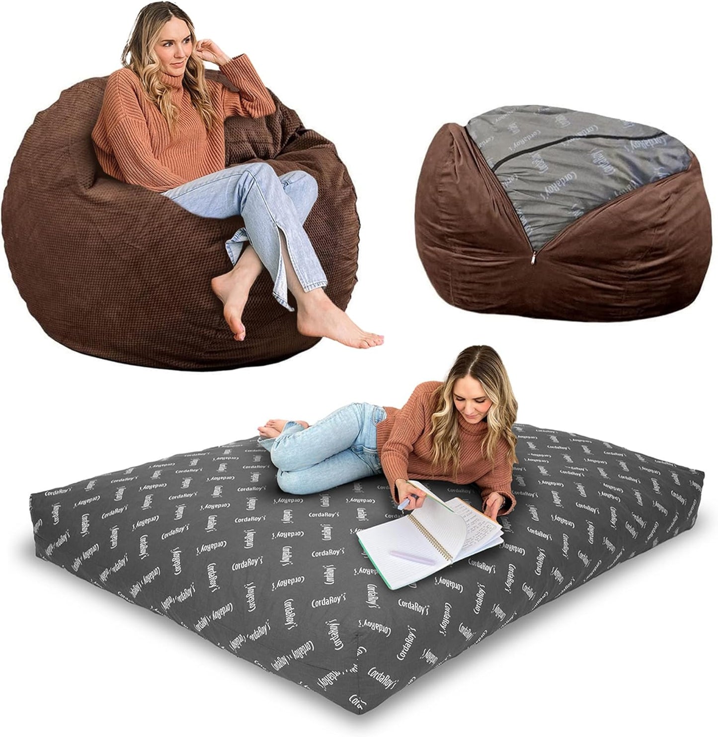 CordaRoy's Chenille Bean Bag-Convertible Bean Bag Chair-Machine-Washable Chenille Fabric Cover-for Basement,Living Room,Game Room,Dorm & More - Queen Size - Charcoal | Made in The USA