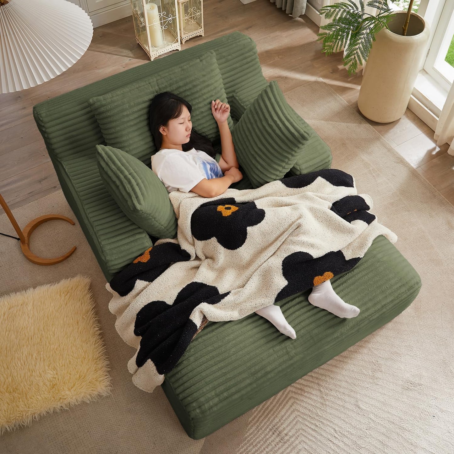 67 Inch Oversized Chaise Lounge Chair Indoor, Corduroy Upholstered Boneless Sofa Bed, Deep Seat Sleeper Couch Reading Chairs, Cloud Sofas Couches for Living Room, No Assembly Required (Black)