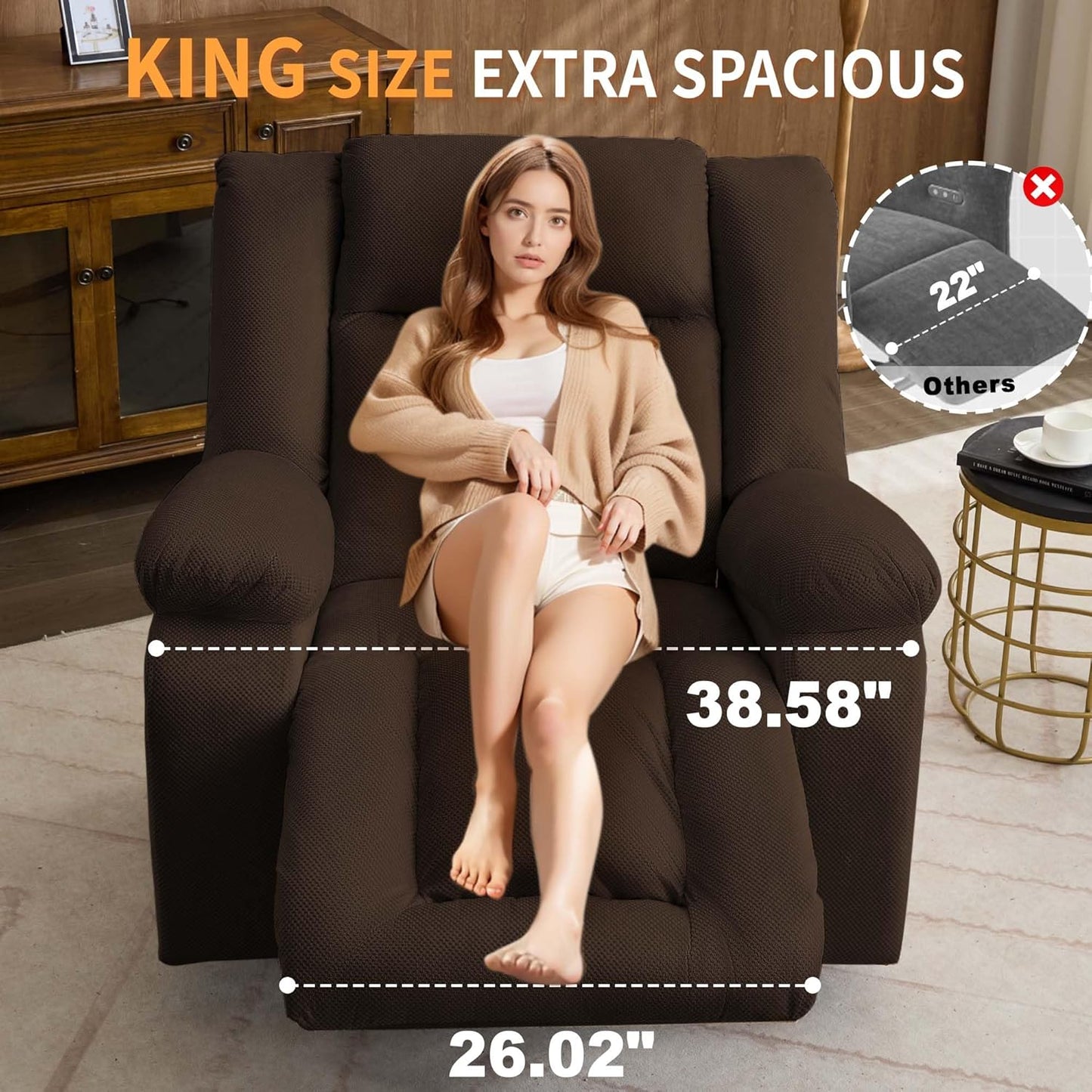 Oversized Power Recliner Chair, Swivel Rocking Chair for Adults, Electric Glider Reclining with Massage and Heating, Waffle Fabric Rocker Recliner with Side Pockets for Living Room, Bedroom