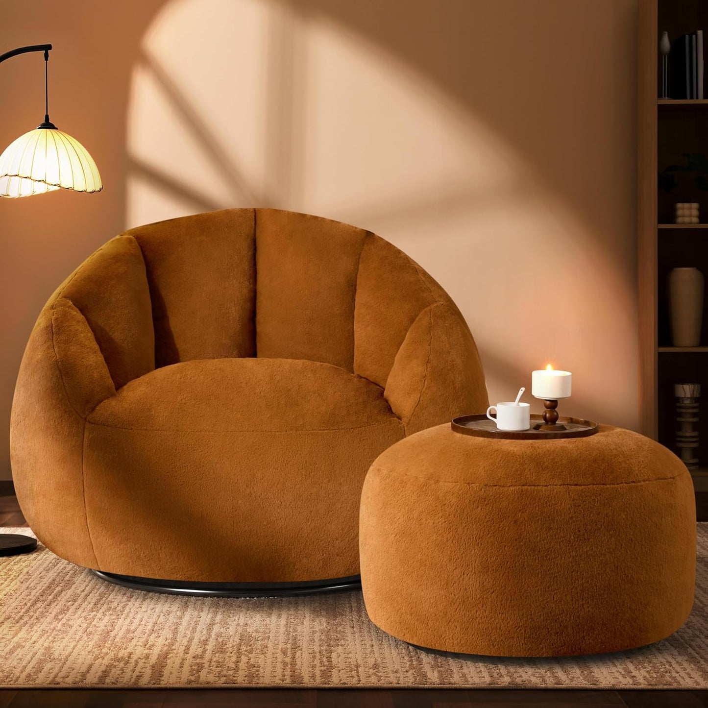 Giant Bean Bag Swivel Chair for Adults with Ottoman - Comfy Plush Round Shell Soft Accent Chaise Lounge Indoor Chair, Oversized Cozy Floor Sofa for Living Room, Bedroom & Game Rooms, Beige