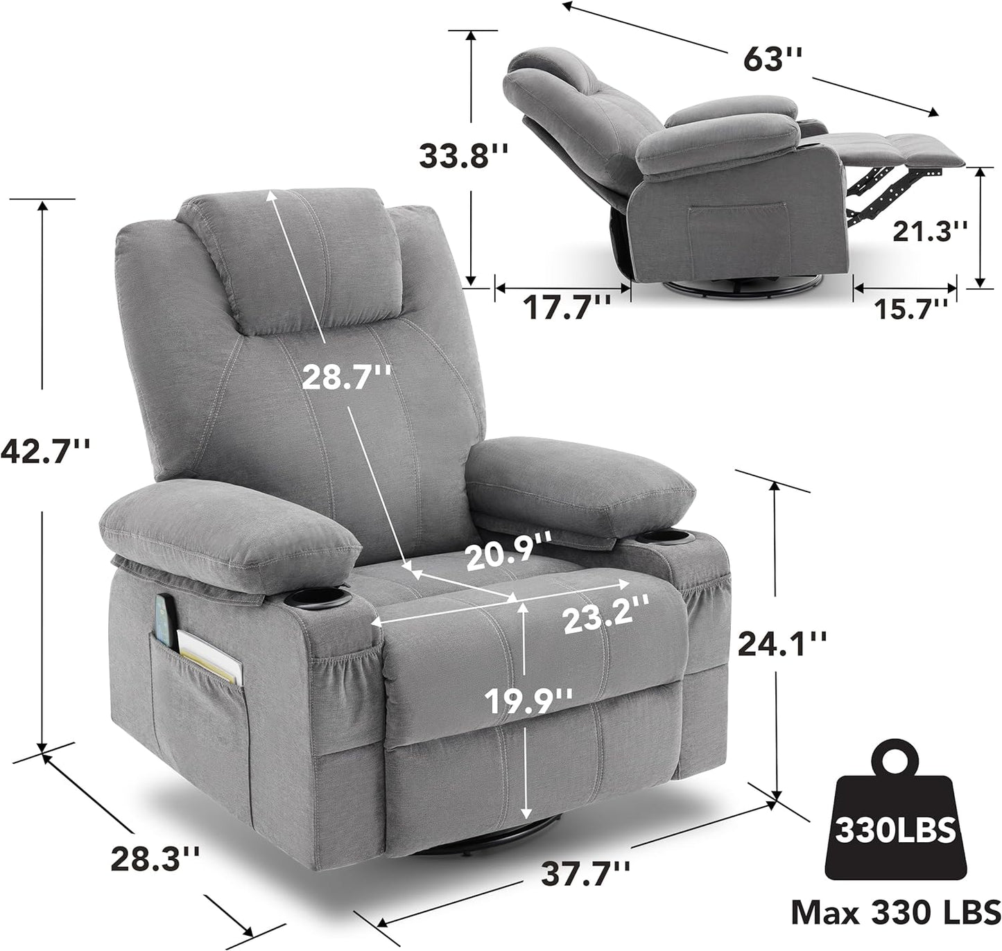 Swivel Rocker Recliner Chair with Heat and Massage, 360 Degree Swivel Recliner Chair with Cup Holders and USB Port, Big Oversized Rocking Single Sofa for Living Room (Fabric, Grey)