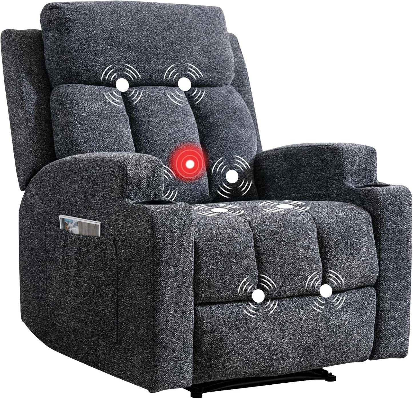 CANMOV Manual Recliner Chair with Massage and Heat,Soft Fabric Recliner Chair with Overstuffed Arm and Back, Manual Reclining Single Sofa with 2 Cup Holders, Side Pocket for Living Room,Dark Grey