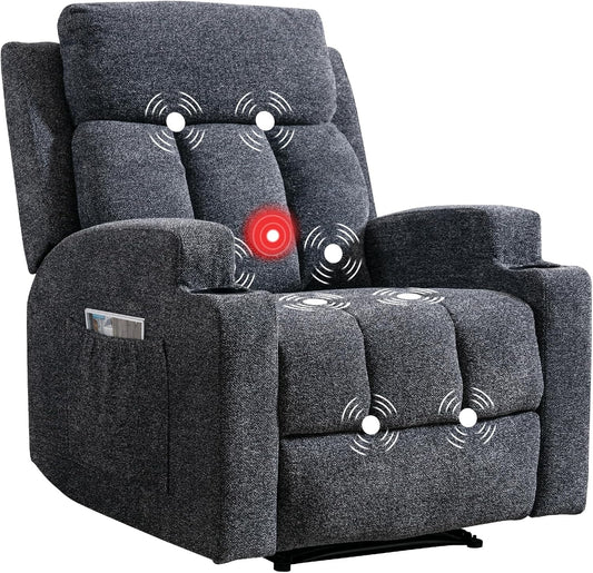 CANMOV Manual Recliner Chair with Massage and Heat,Soft Fabric Recliner Chair with Overstuffed Arm and Back, Manual Reclining Single Sofa with 2 Cup Holders, Side Pocket for Living Room,Dark Grey