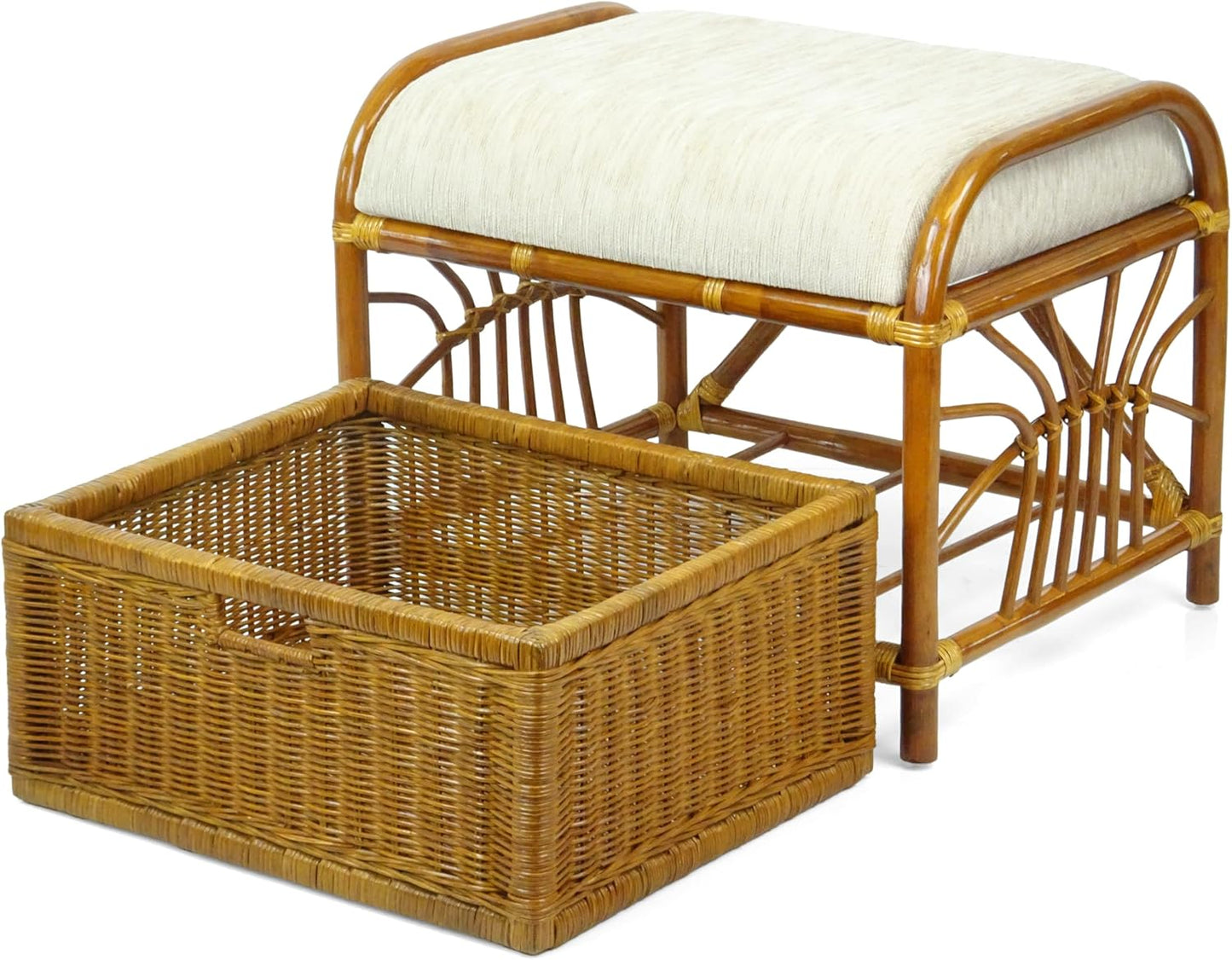 Krit Handmade Rattan Wicker Ottoman Colonial Color Footstool Pouf Stool w/Basket w/Cushion