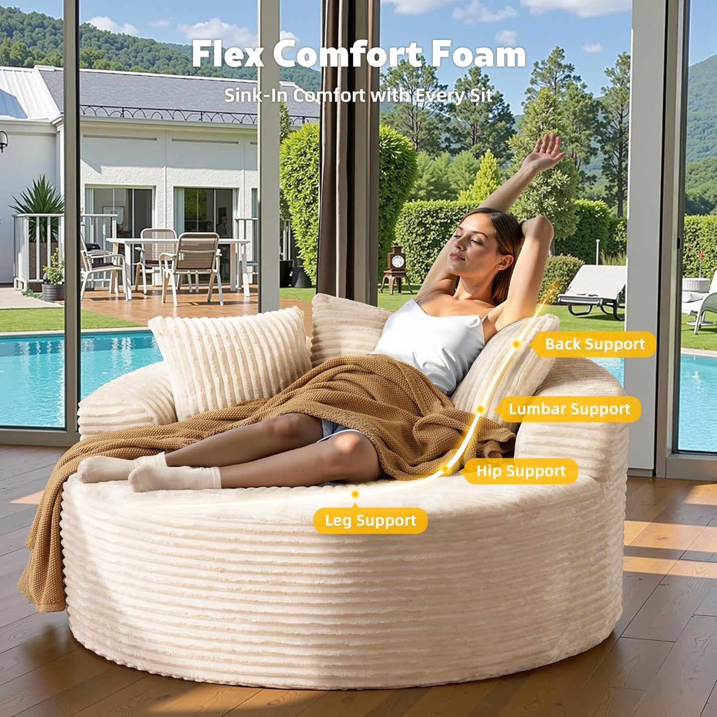 58” Oversized Upholstered Sofa Bed, Round Chaise Lounge Chair Indoor, Fluffy Plush Chaise Lounge, Modern Chenille Cloud Couch with Deep Seat, Comfy Bean Bag Chiar for Living Room Apartment