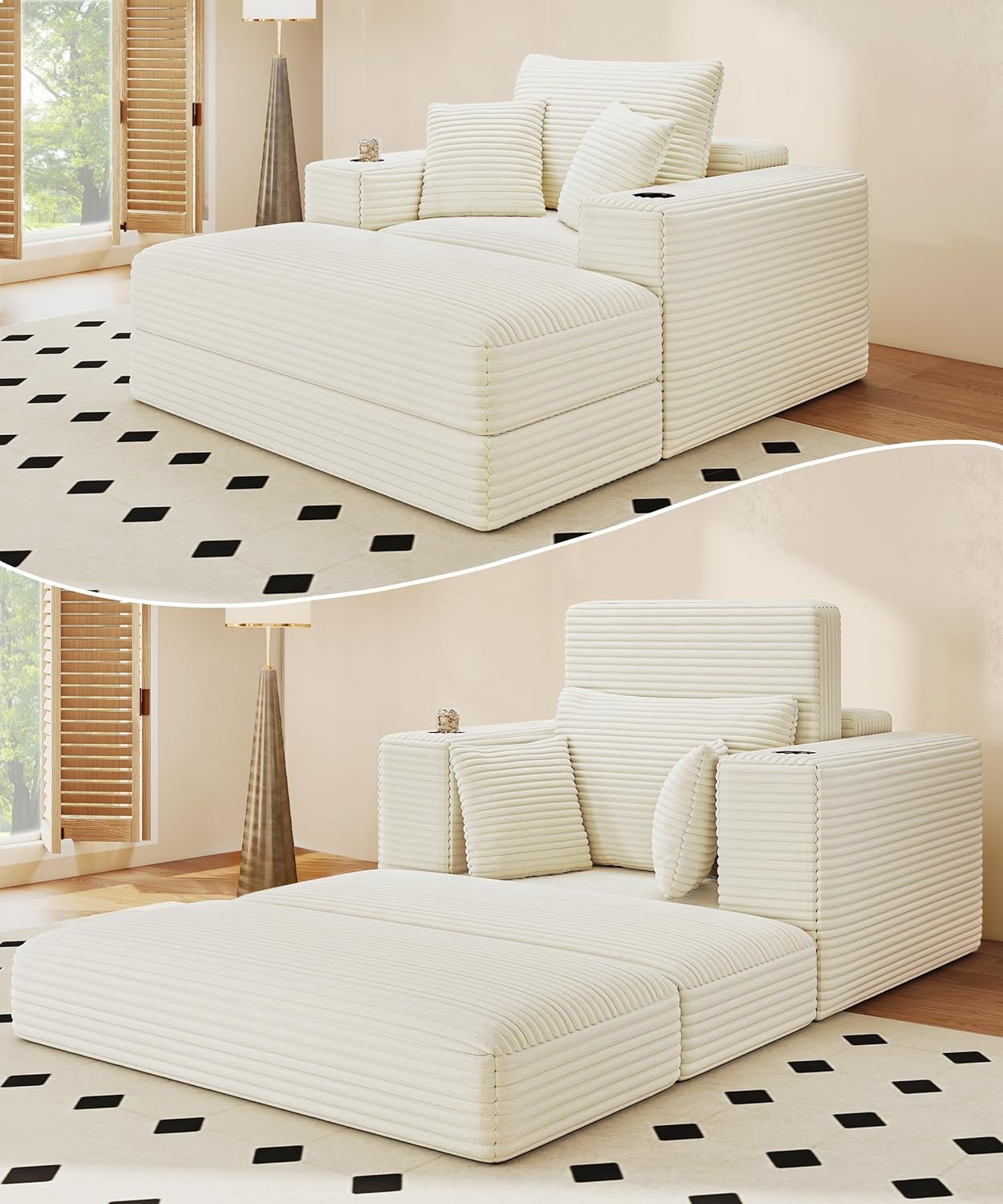 62" Oversized Chaise Lounge Chair Indoor, Corduroy Boneless Chaise Lounge Couch Sleeper Chair, Convertible Oversized Reading Chairs, Plush Compression Sofa with Ottoman, Dark Grey