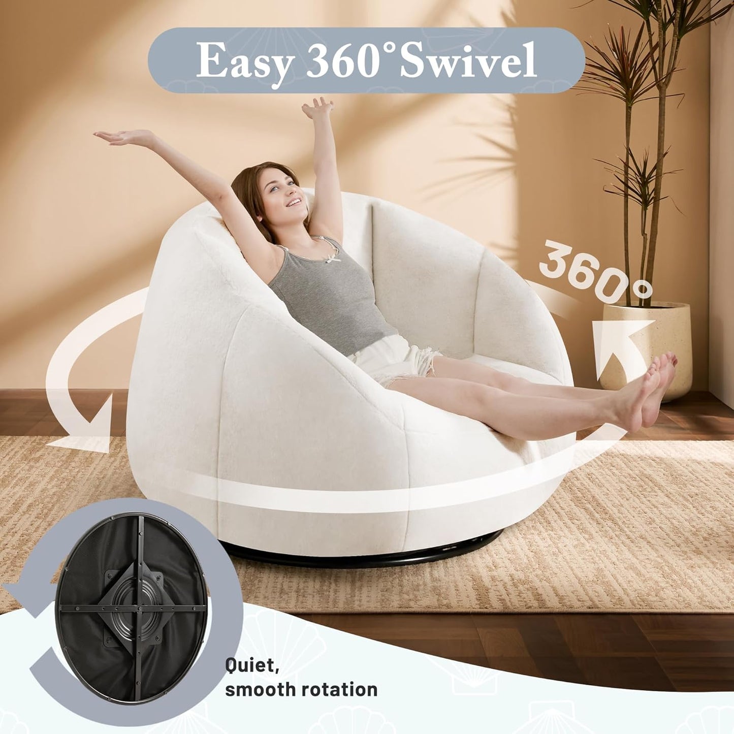 Giant Bean Bag Swivel Chair for Adults with Ottoman - Comfy Plush Round Shell Soft Accent Chaise Lounge Indoor Chair, Oversized Cozy Floor Sofa for Living Room, Bedroom & Game Rooms, Beige