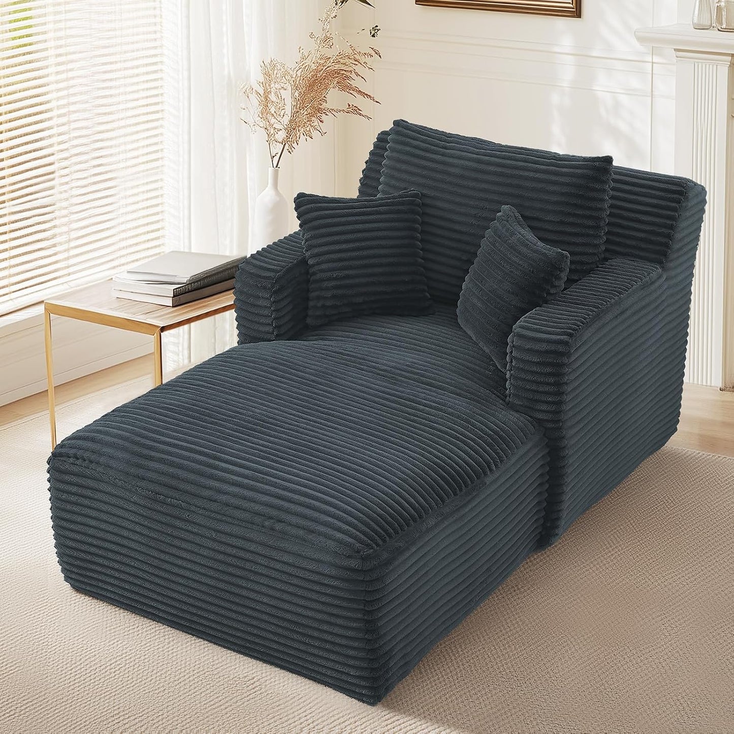65.4" Chaise Lounge Chair Indoor, Oversized Boneless Couch Comfy Upholstered Sleeper Sofa Bed with 3 Pillows, Corduroy Cloud Reading Chair for Living Room No Assembly Required, Black