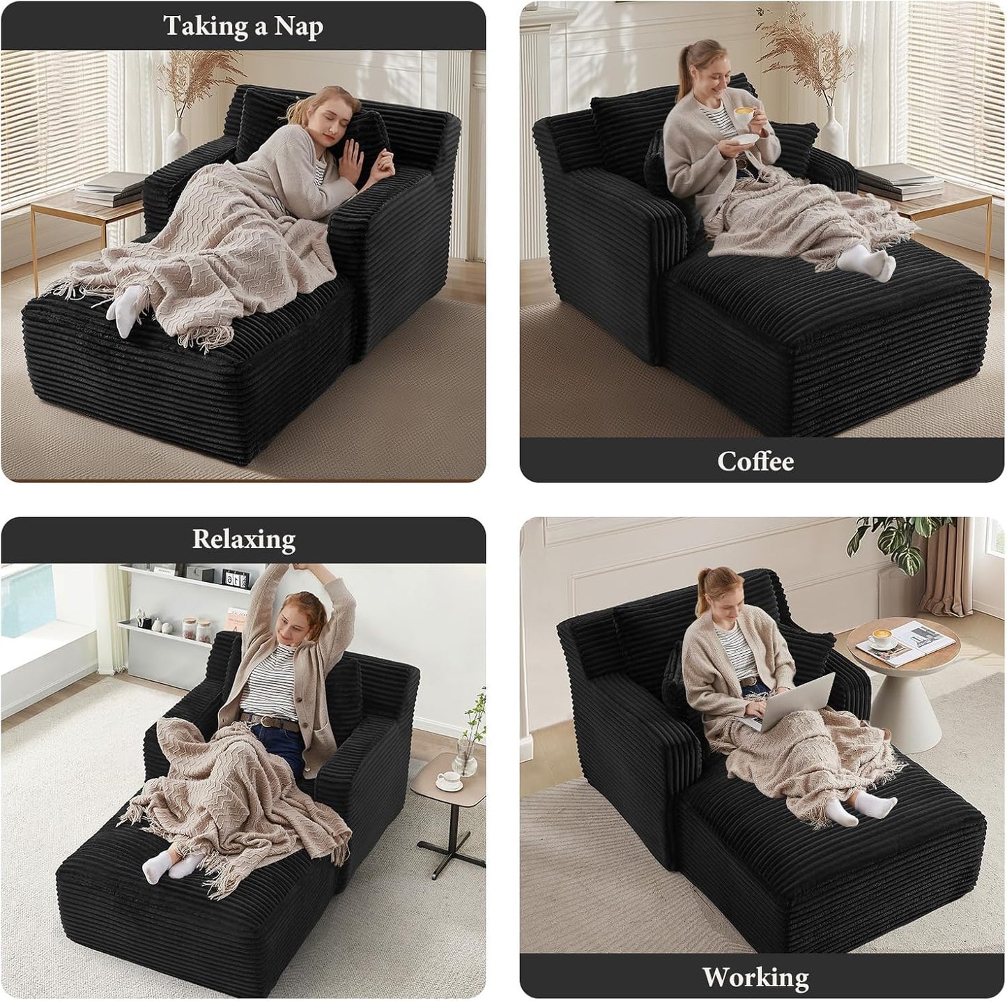 65.4" Chaise Lounge Chair Indoor, Oversized Boneless Couch Comfy Upholstered Sleeper Sofa Bed with 3 Pillows, Corduroy Cloud Reading Chair for Living Room No Assembly Required, Black