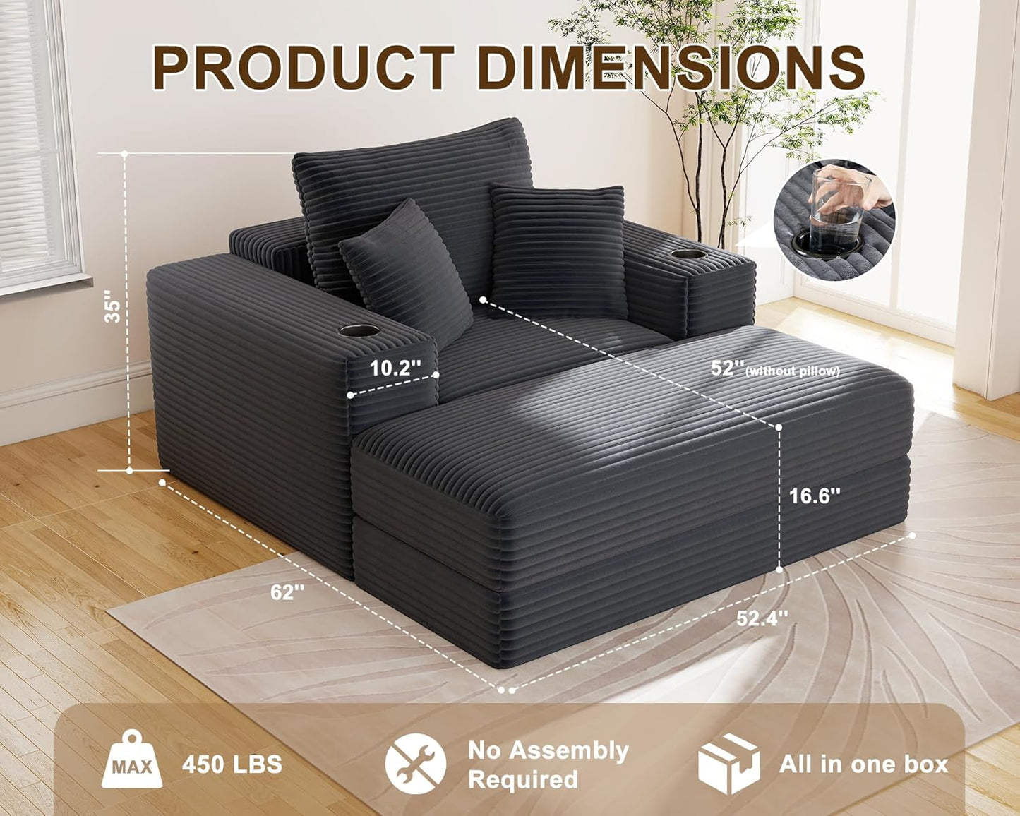 62" Oversized Chaise Lounge Chair Indoor, Corduroy Boneless Chaise Lounge Couch Sleeper Chair, Convertible Oversized Reading Chairs, Plush Compression Sofa with Ottoman, Dark Grey