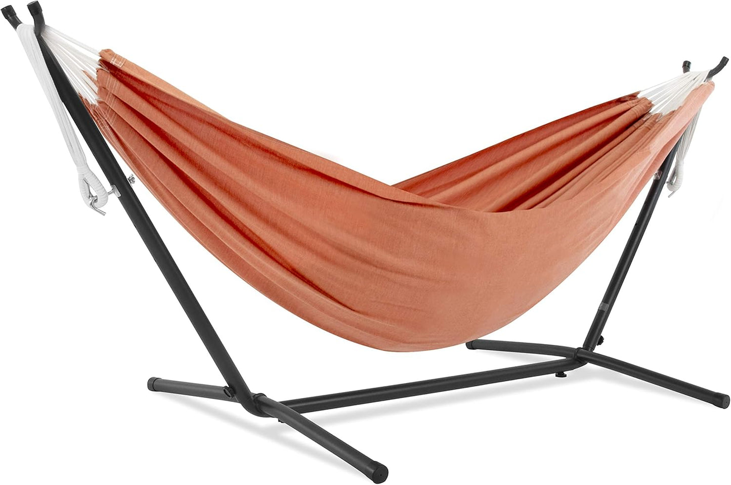 Vivere Double Cotton Hammock with Space Saving Steel Stand, Upgraded Polyester End Strings 450 lb Capacity - Premium Carry Bag Included - (Tropical)