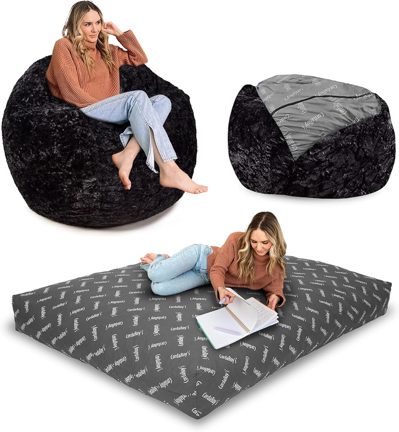 CordaRoy's Faux Fur Bean Bag-Convertible Bean Bag Chair -Machine-Washable Faux Fur Fabric Cover for Basement, Living Room, Game Room, Dorm & More - Full Size - Cow Pattern | Made in The USA