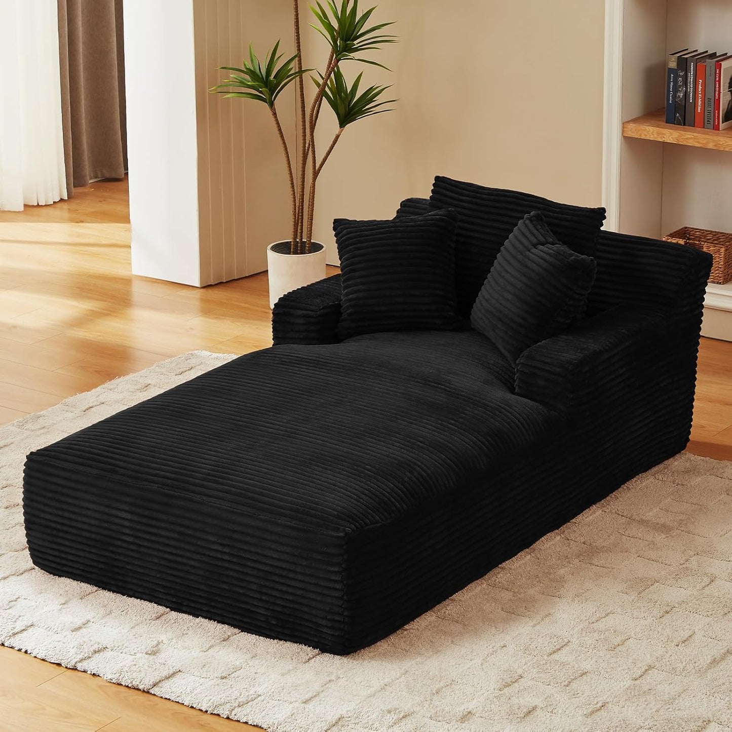 65.4" Chaise Lounge Chair Indoor, Oversized Boneless Couch Comfy Upholstered Sleeper Sofa Bed with 3 Pillows, Corduroy Cloud Reading Chair for Living Room No Assembly Required, Black
