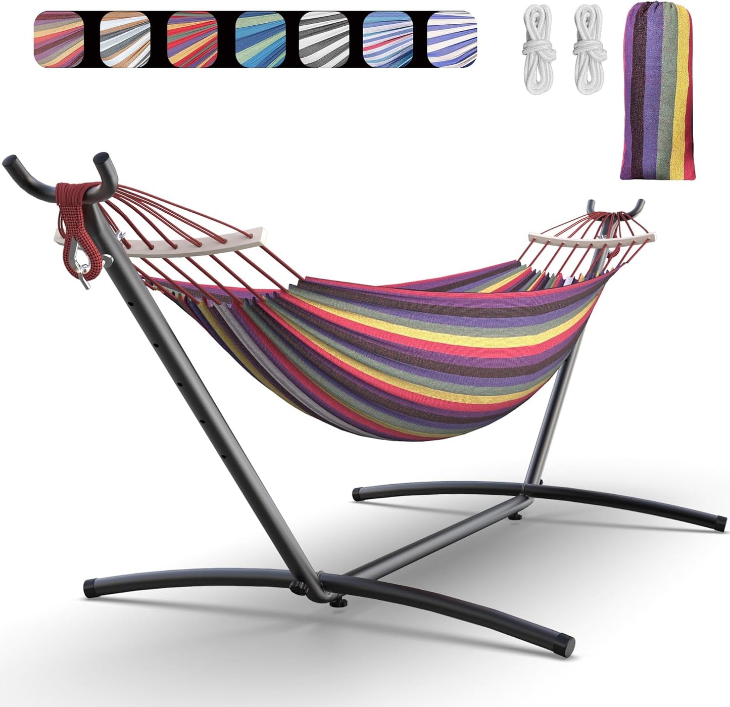 Double Hammock with Heavy-Duty Steel Stand,Portable,Easy Assembly,600lbs Weight Capacity,Perfect for Indoor,Yard,Camping,or Outdoor-Rainbow