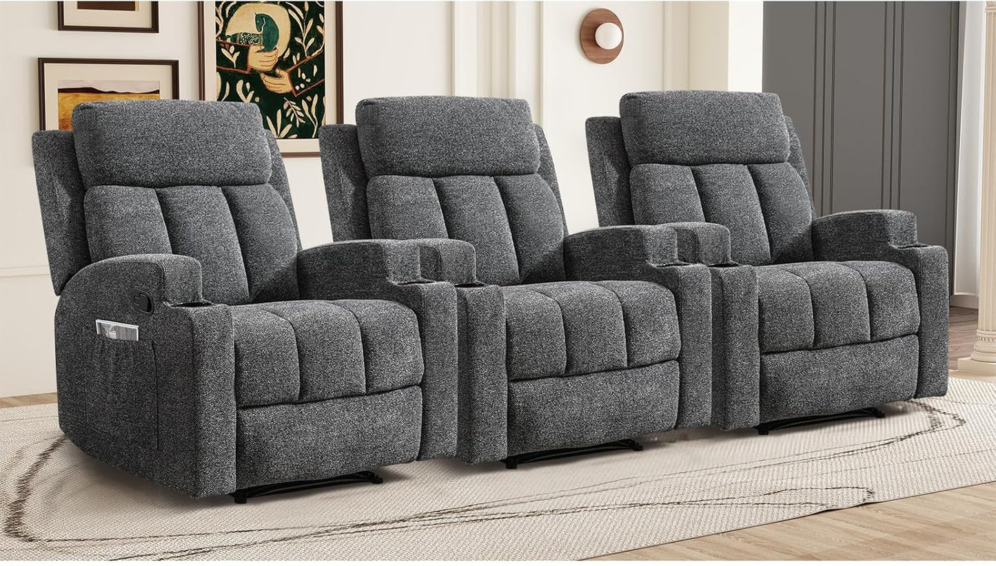 CANMOV Manual Recliner Chair with Massage and Heat,Soft Fabric Recliner Chair with Overstuffed Arm and Back, Manual Reclining Single Sofa with 2 Cup Holders, Side Pocket for Living Room,Dark Grey