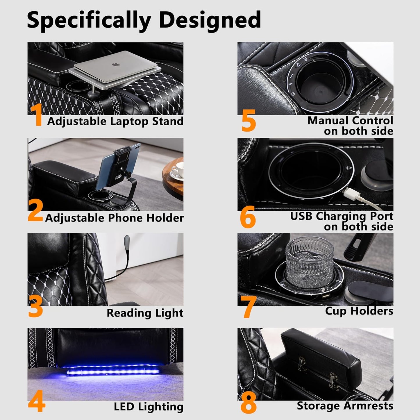 Power Zero Gravity Recliner Chair for Adults Breathable Leather Electric Recliners Adjustable Home Theater Seating with Smart Cup Holders, USB Ports, Hidden Arm Storage, Tray Table