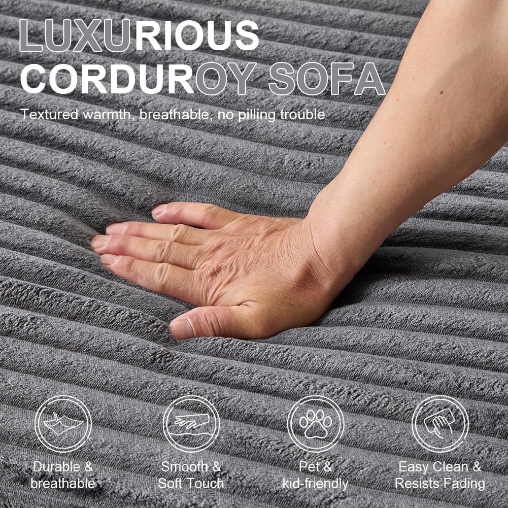 66" Oversized Chaise Lounge Sofa Chair Indoor, Modern Corduroy Single Sleeper Couch Chair with 3 Soft Pillows&Cup Holder, Boneless Cloud Couch Single Seat Sofa Bed for Living Room Office (Dark Grey)