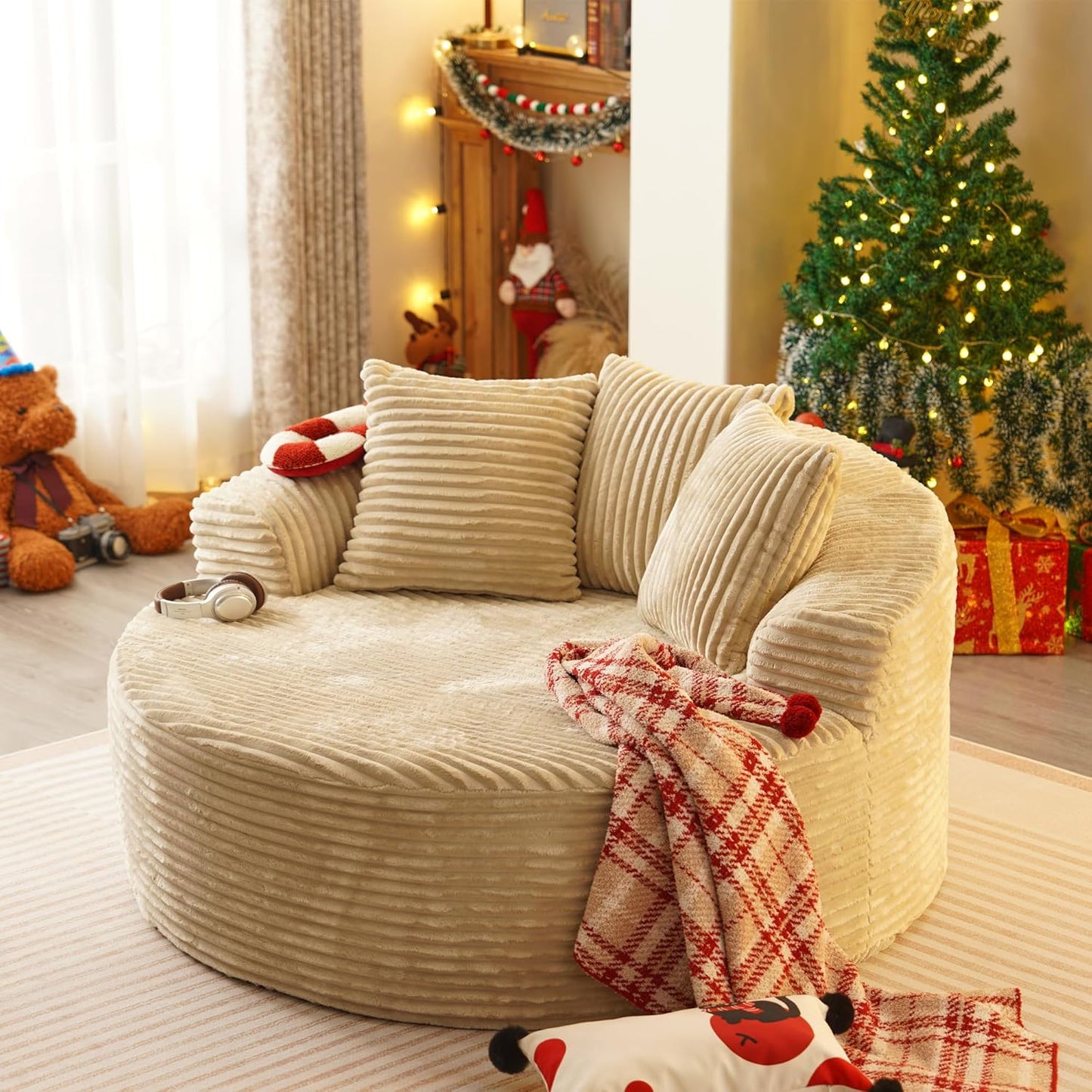 58” Oversized Upholstered Sofa Bed, Round Chaise Lounge Chair Indoor, Fluffy Plush Chaise Lounge, Modern Chenille Cloud Couch with Deep Seat, Comfy Bean Bag Chiar for Living Room Apartment