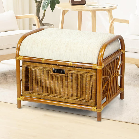 Krit Handmade Rattan Wicker Ottoman Colonial Color Footstool Pouf Stool w/Basket w/Cushion