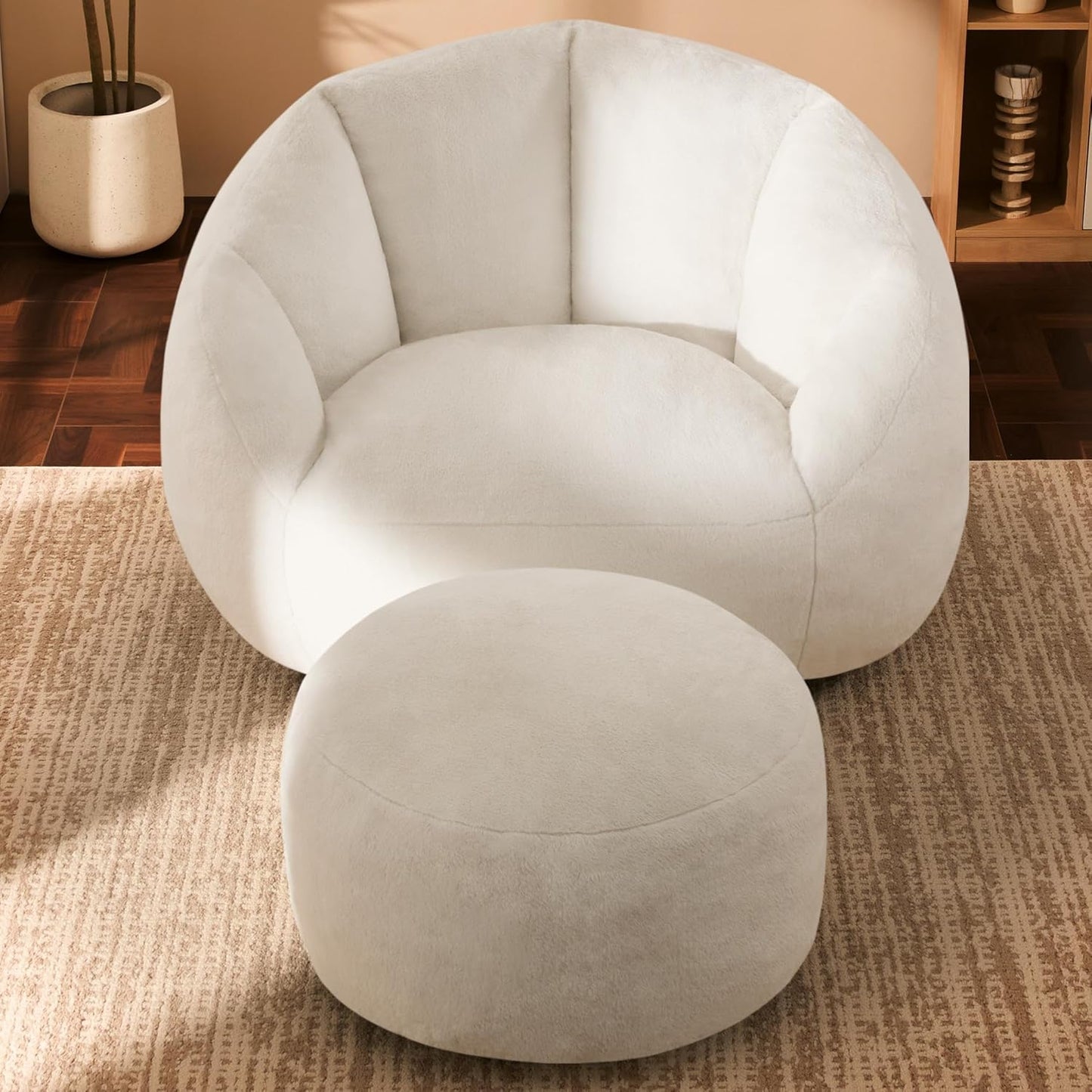 Giant Bean Bag Swivel Chair for Adults with Ottoman - Comfy Plush Round Shell Soft Accent Chaise Lounge Indoor Chair, Oversized Cozy Floor Sofa for Living Room, Bedroom & Game Rooms, Beige