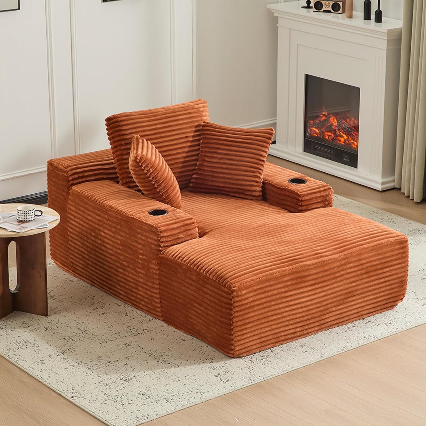 66" Oversized Chaise Lounge Sofa Chair Indoor, Modern Corduroy Single Sleeper Couch Chair with 3 Soft Pillows&Cup Holder, Boneless Cloud Couch Single Seat Sofa Bed for Living Room Office (Dark Grey)