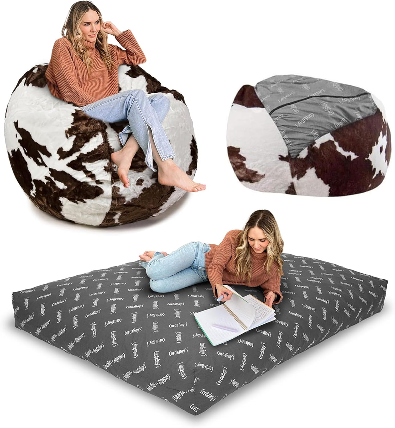 CordaRoy's Faux Fur Bean Bag-Convertible Bean Bag Chair -Machine-Washable Faux Fur Fabric Cover for Basement, Living Room, Game Room, Dorm & More - Full Size - Cow Pattern | Made in The USA