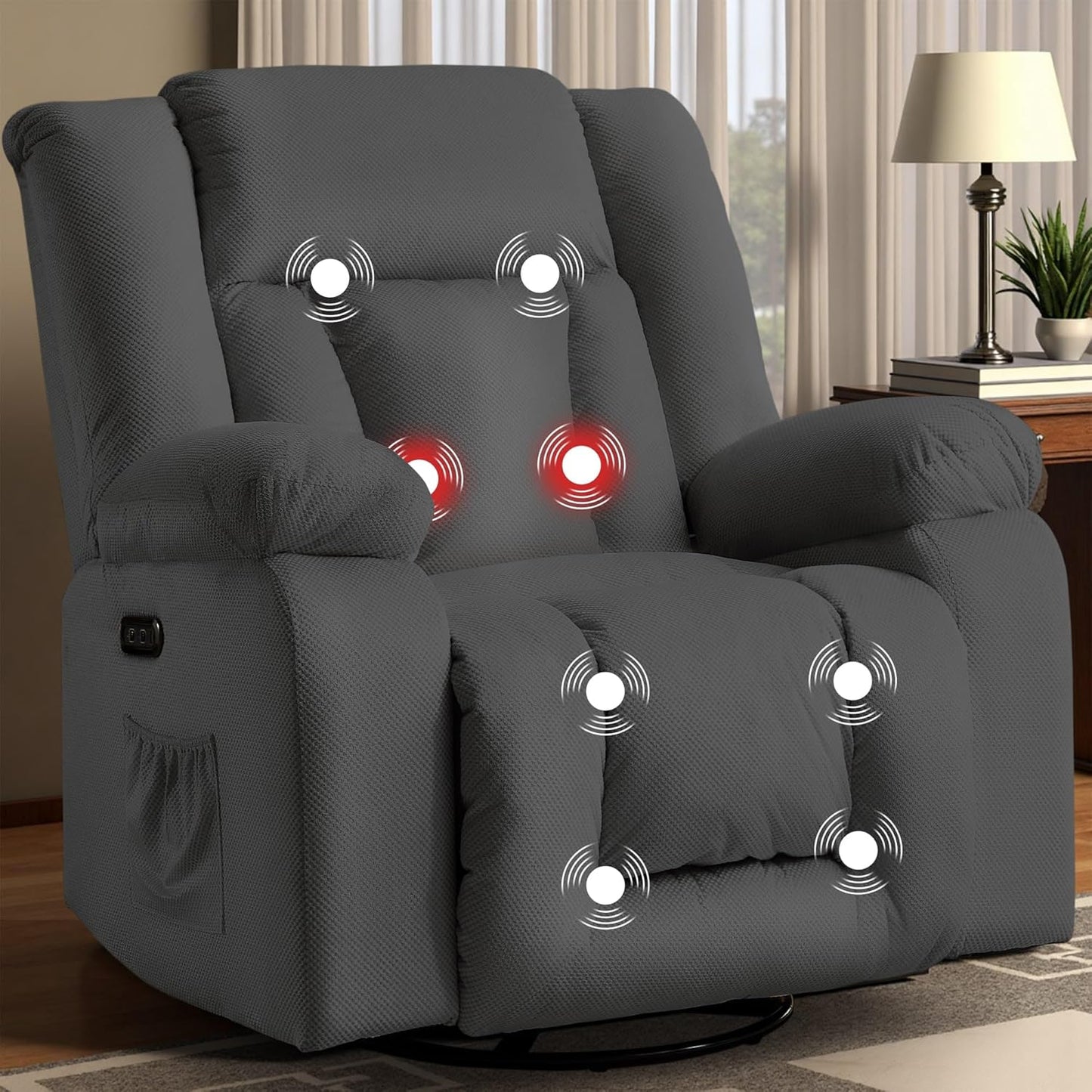Oversized Power Recliner Chair, Swivel Rocking Chair for Adults, Electric Glider Reclining with Massage and Heating, Waffle Fabric Rocker Recliner with Side Pockets for Living Room, Bedroom