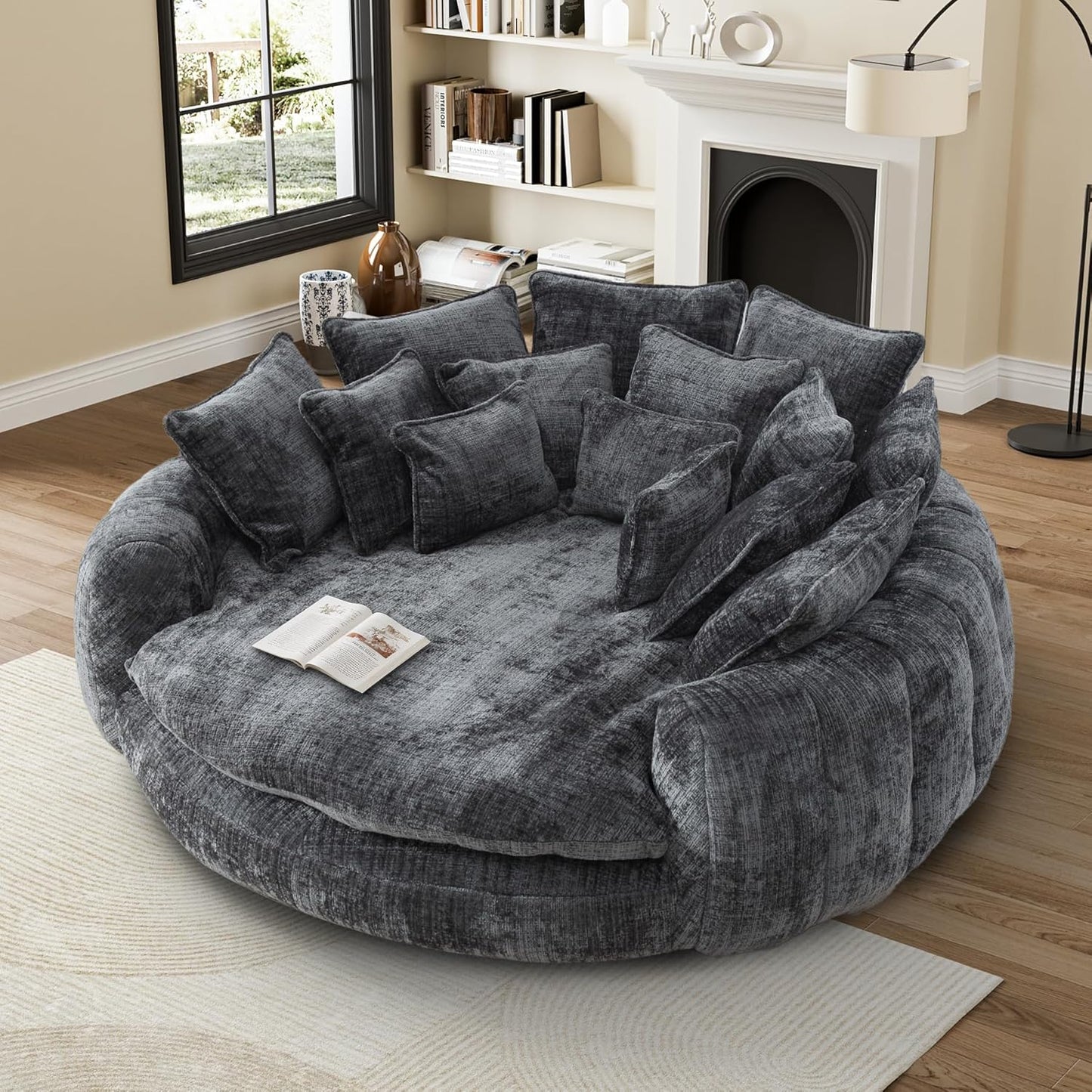 81” Oversized Upholstered Sofa Bed, Round Chaise Lounge Chair Indoor, Fluffy Plush Chaise Lounge, Modern Chenille Cloud Couch with Deep Seat, Comfy Bean Bag Chiar for Living Room Apartment, Light Grey