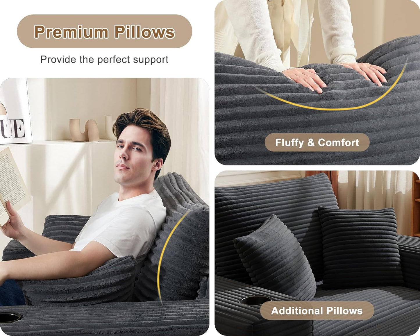 62" Oversized Chaise Lounge Chair Indoor, Corduroy Boneless Chaise Lounge Couch Sleeper Chair, Convertible Oversized Reading Chairs, Plush Compression Sofa with Ottoman, Dark Grey