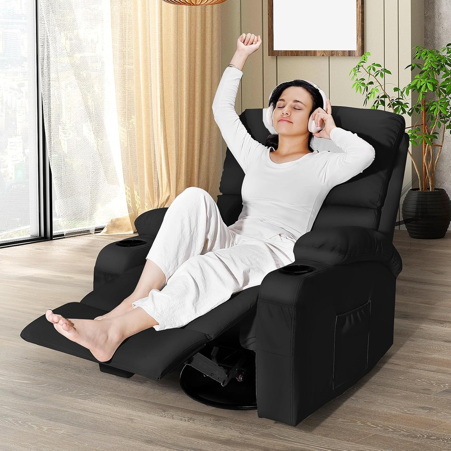 Rocking Recliner Chair, Massage Rocker Recliner Chair with Vibration Massage and Heat, 360° Swivel Faux Leather Chairs, Living Room, Bedroom, Nursery, RV, Black