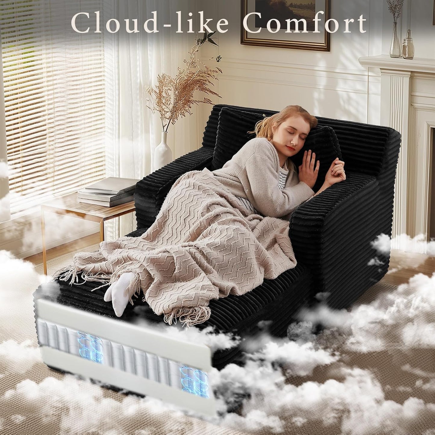 65.4" Chaise Lounge Chair Indoor, Oversized Boneless Couch Comfy Upholstered Sleeper Sofa Bed with 3 Pillows, Corduroy Cloud Reading Chair for Living Room No Assembly Required, Black