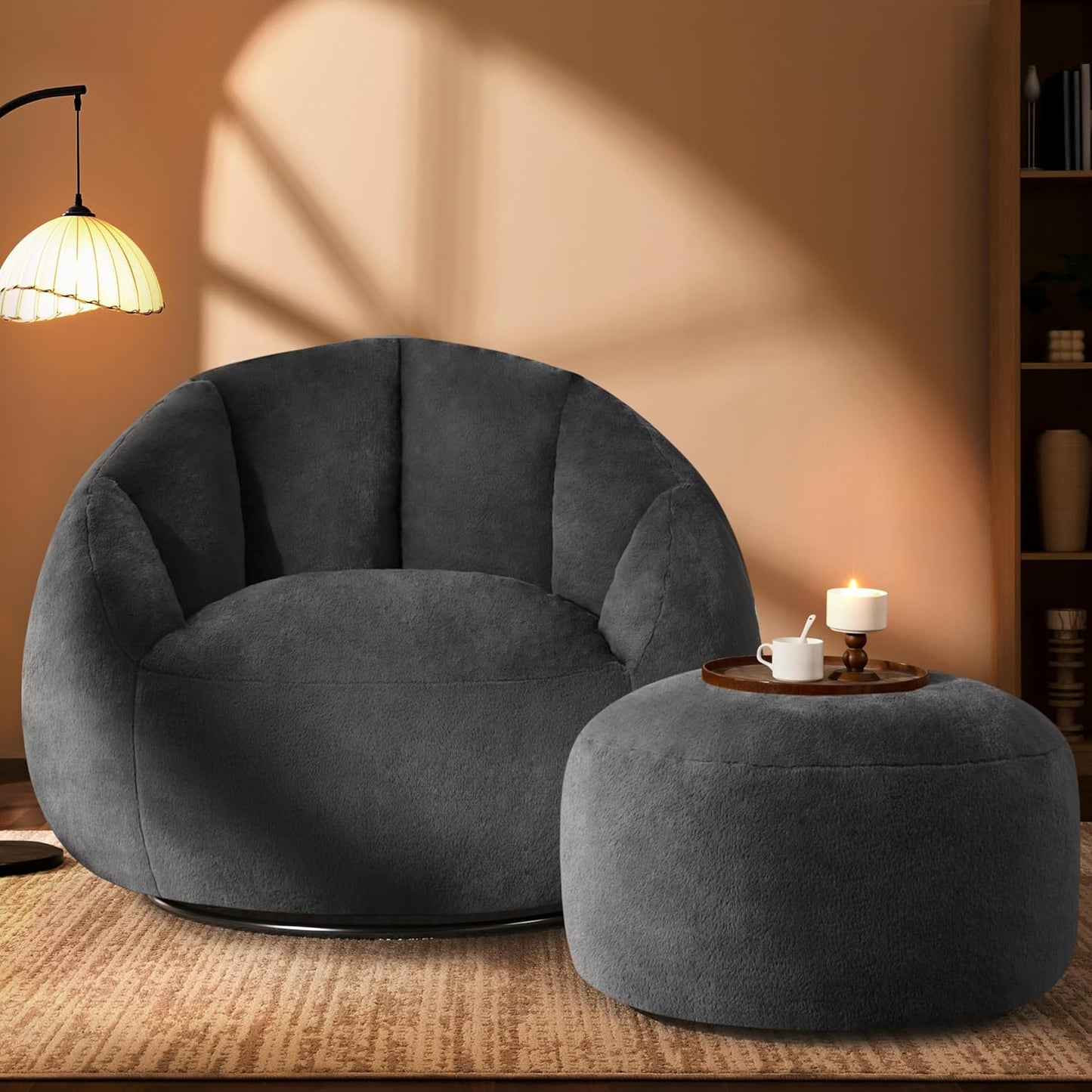 Giant Bean Bag Swivel Chair for Adults with Ottoman - Comfy Plush Round Shell Soft Accent Chaise Lounge Indoor Chair, Oversized Cozy Floor Sofa for Living Room, Bedroom & Game Rooms, Beige