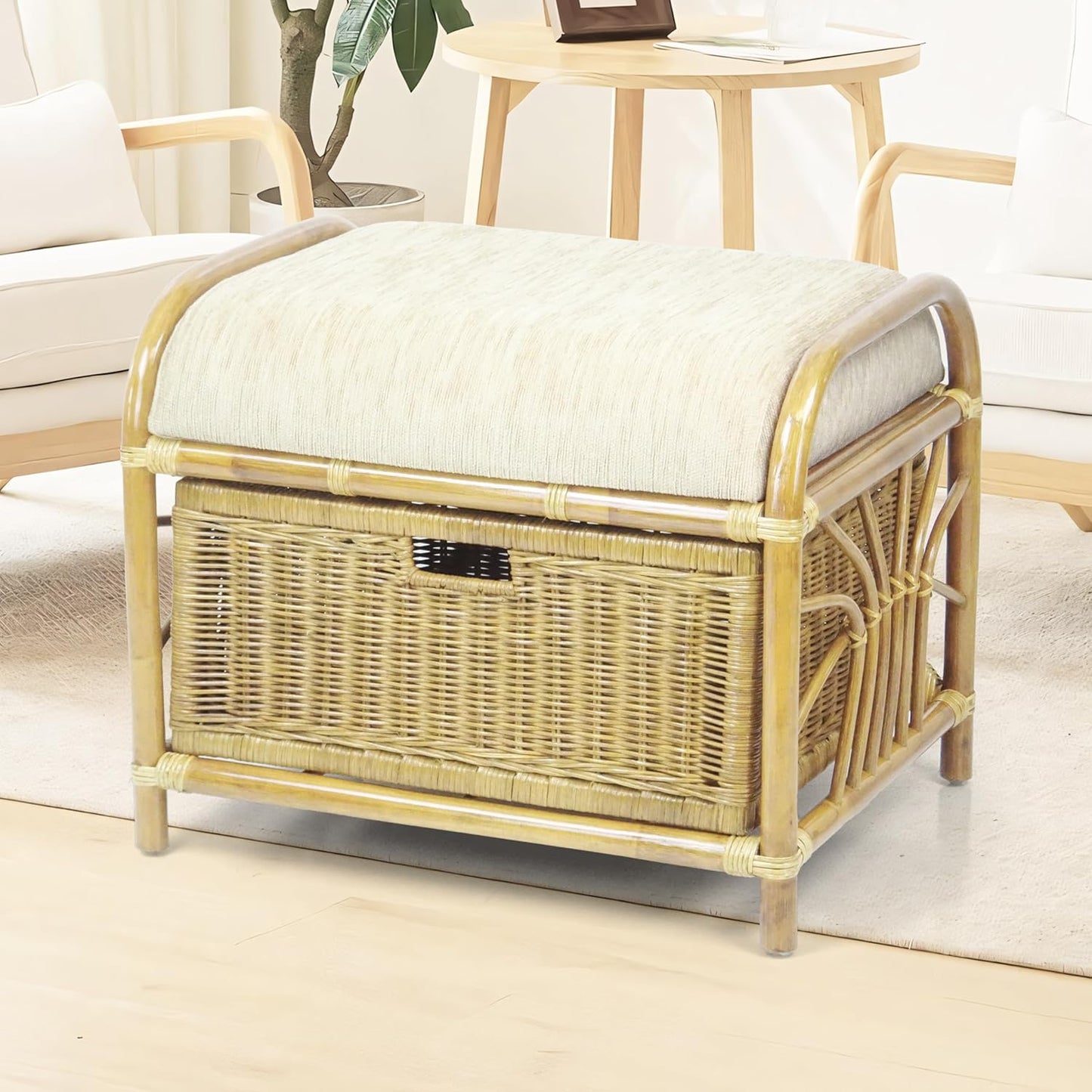 Krit Handmade Rattan Wicker Ottoman Colonial Color Footstool Pouf Stool w/Basket w/Cushion