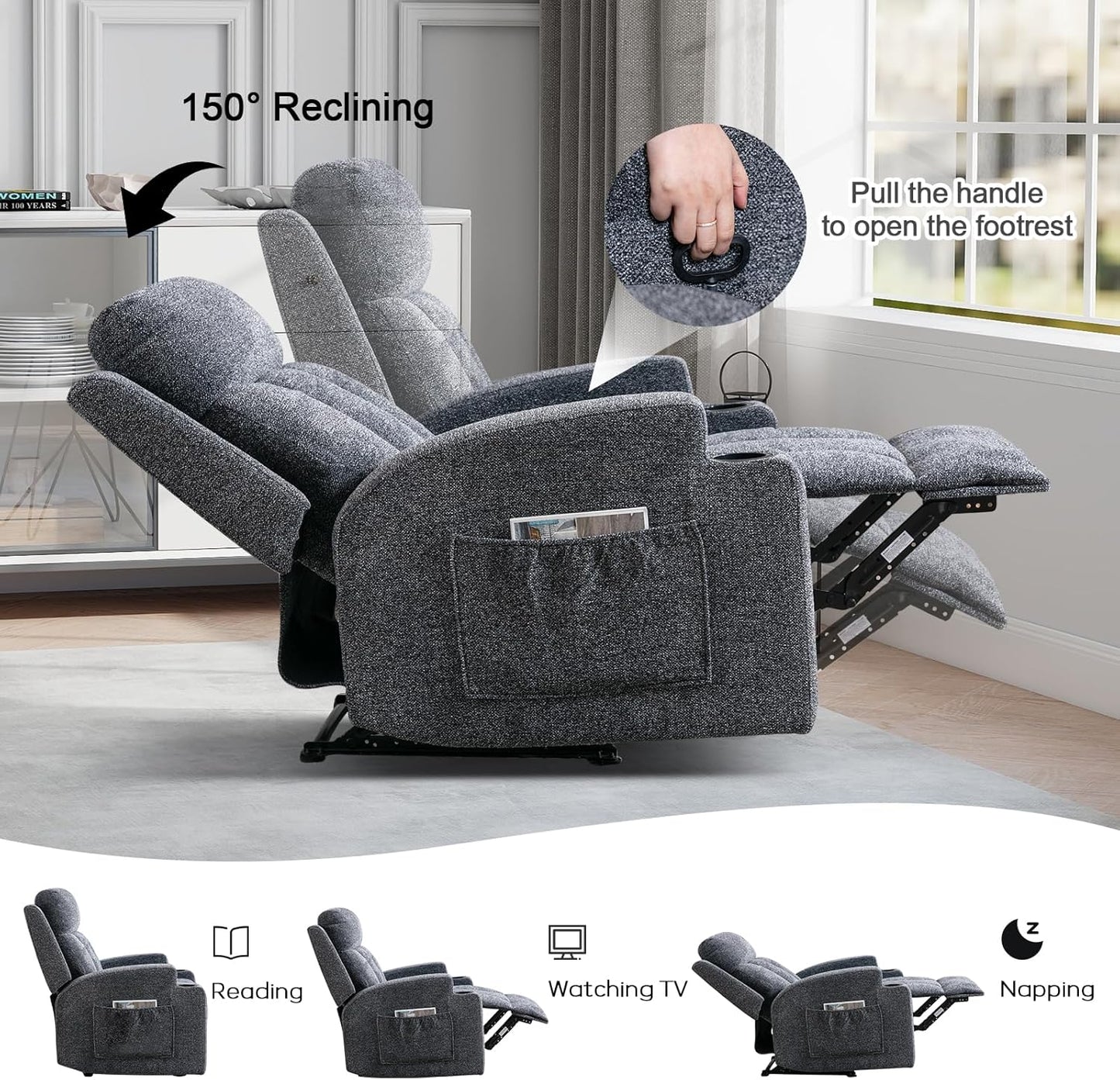 CANMOV Manual Recliner Chair with Massage and Heat,Soft Fabric Recliner Chair with Overstuffed Arm and Back, Manual Reclining Single Sofa with 2 Cup Holders, Side Pocket for Living Room,Dark Grey