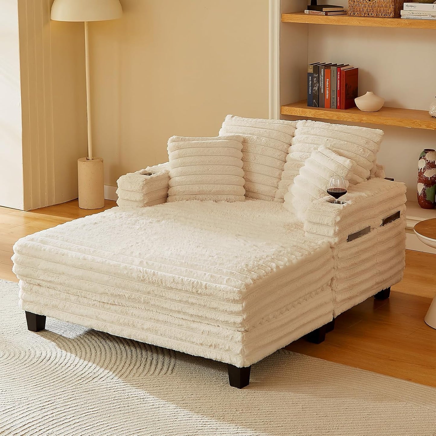 Chaise Lounge Chair Indoor, 64" Oversized Sleeper Chair with Wood Frame, Upholstered Sofa Bed for Living Room, Movie Room, Bedroom with 4 Storage Pockets&2 Cup Holders(Plush Corduroy, Grey)