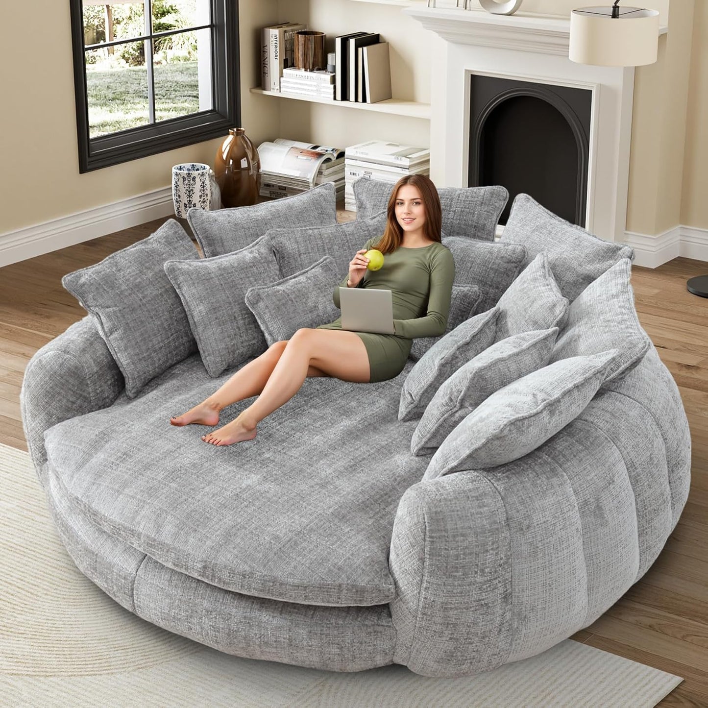 81” Oversized Upholstered Sofa Bed, Round Chaise Lounge Chair Indoor, Fluffy Plush Chaise Lounge, Modern Chenille Cloud Couch with Deep Seat, Comfy Bean Bag Chiar for Living Room Apartment, Light Grey