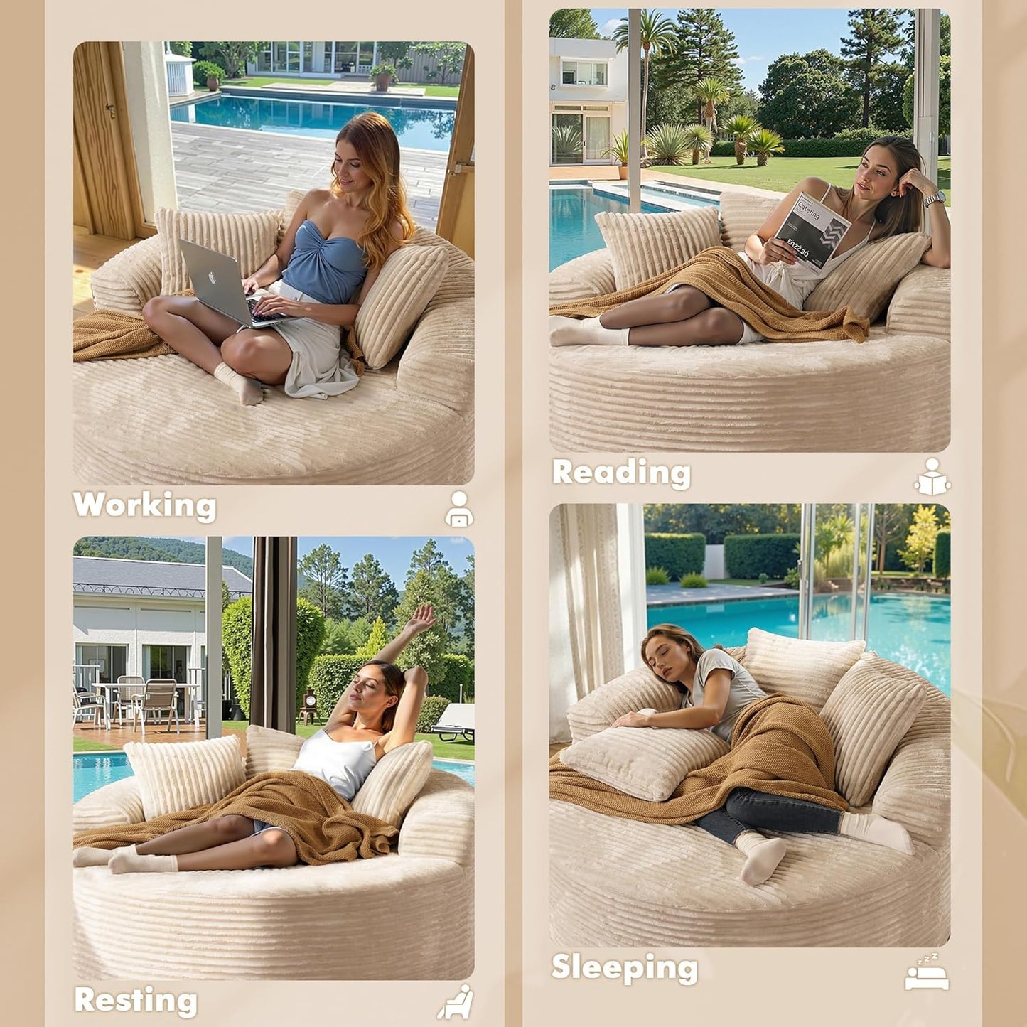 58” Oversized Upholstered Sofa Bed, Round Chaise Lounge Chair Indoor, Fluffy Plush Chaise Lounge, Modern Chenille Cloud Couch with Deep Seat, Comfy Bean Bag Chiar for Living Room Apartment