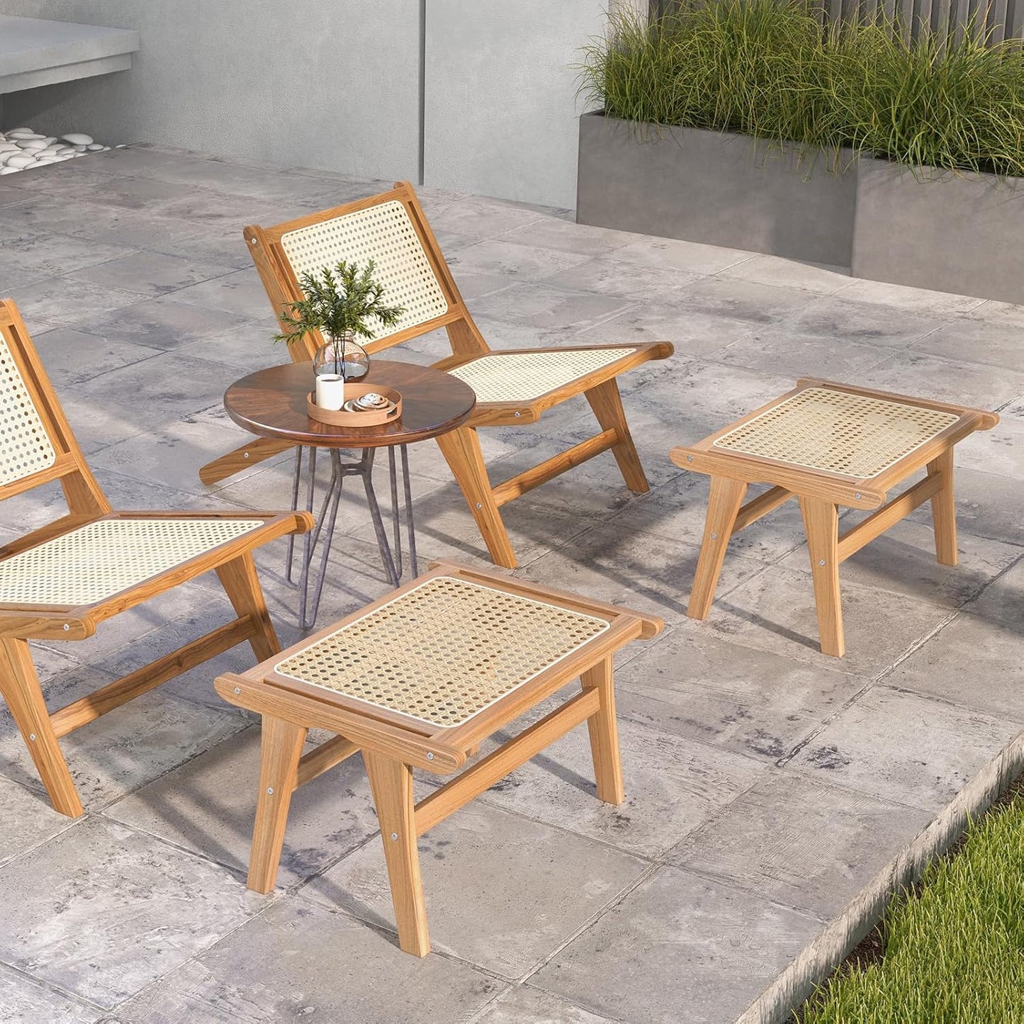 Tangkula Ottoman Footstool, Natural Teak Wooden Foot Rest with Handwoven Rattan for Living Room Bedroom Office, 14" H, Indoor (1)