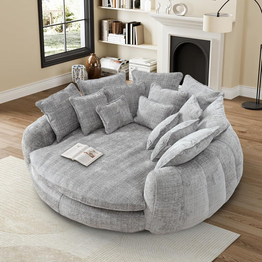81” Oversized Upholstered Sofa Bed, Round Chaise Lounge Chair Indoor, Fluffy Plush Chaise Lounge, Modern Chenille Cloud Couch with Deep Seat, Comfy Bean Bag Chiar for Living Room Apartment, Light Grey